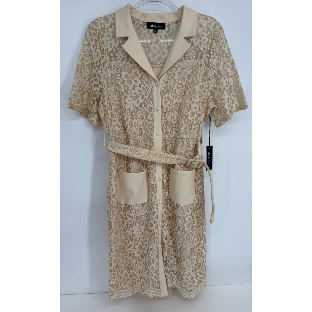 Alice Blue Women Cream Floral Lace Button Front Belted Shirt Dress Sz M